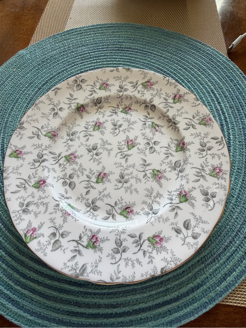 Vintage Porcelain Dinner Plate with Pink Rose Motif and Gold Rim